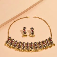 Indian Ethnic Style Vintage Gemstone Beads Jewelry Earrings Necklace 2 Pieces Suit