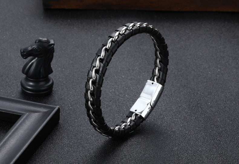 Leather braided black men's leather bracelet