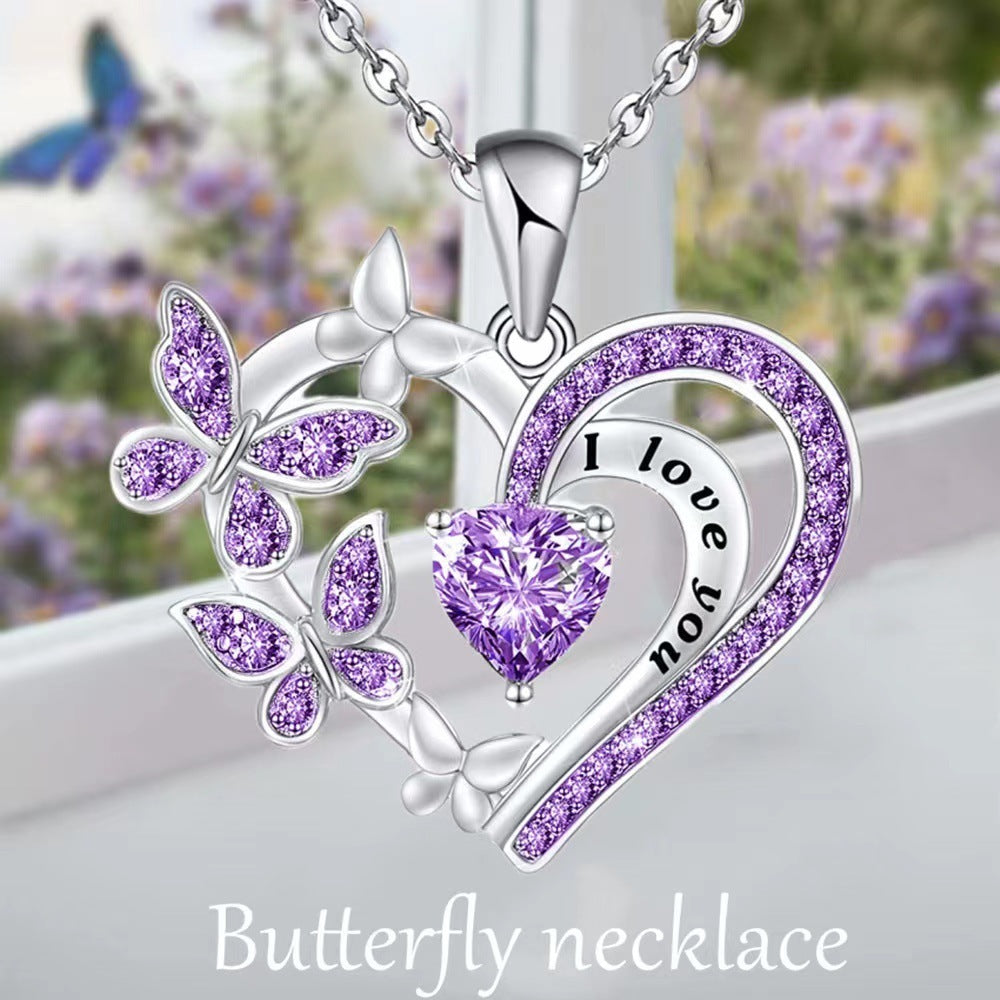 Ins Butterfly Love Necklace With Rhinestones Fashion Personality Hollow Heart-shaped Clavicle Chain Pendant Necklace For Valentine's Day