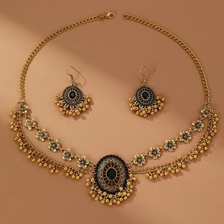 Indian Ethnic Style Vintage Gemstone Beads Jewelry Earrings Necklace 2 Pieces Suit