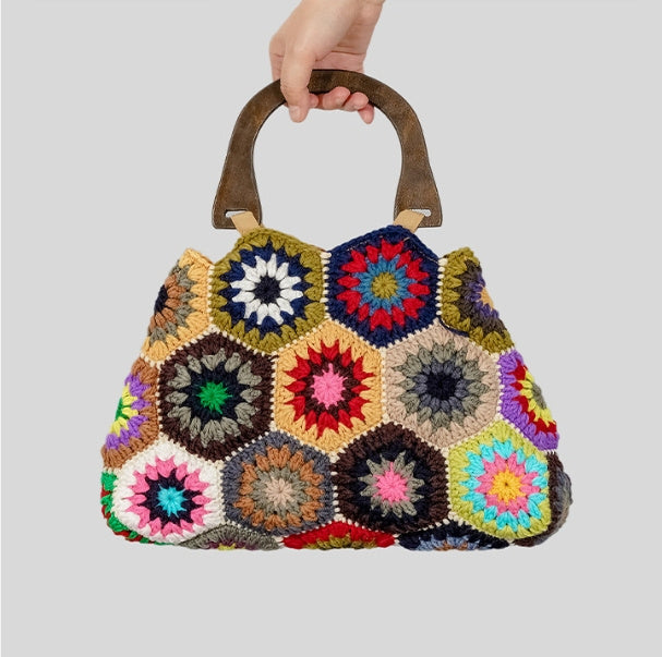 Spring And Summer New Grandma Plaid Women Bamboo Handle Patchwork Retro Contrast Color Cotton Braided Handbag