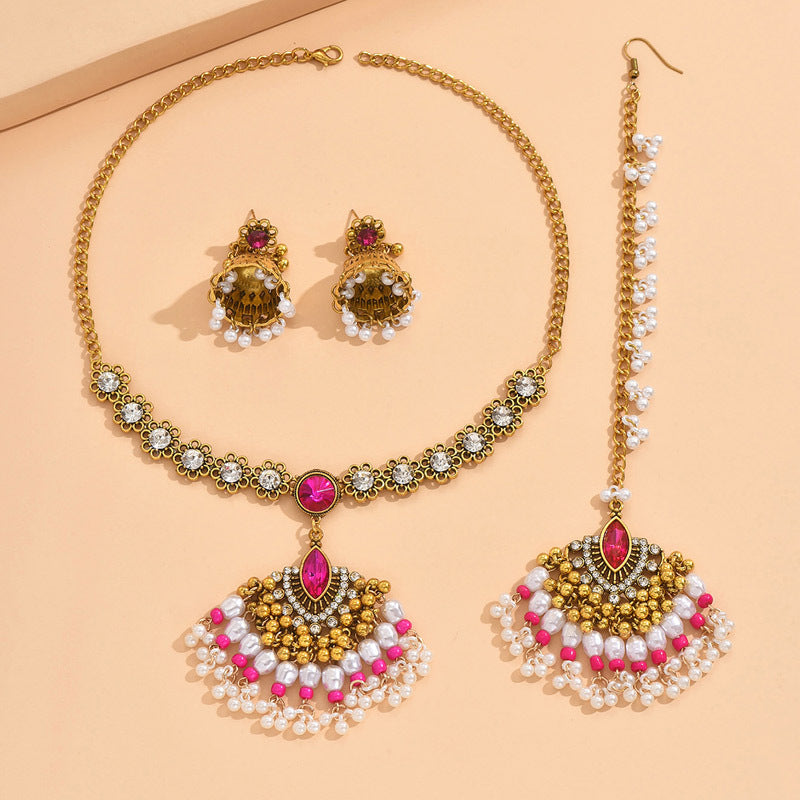 Indian Ethnic Style Vintage Gemstone Beads Jewelry Earrings Necklace 2 Pieces Suit