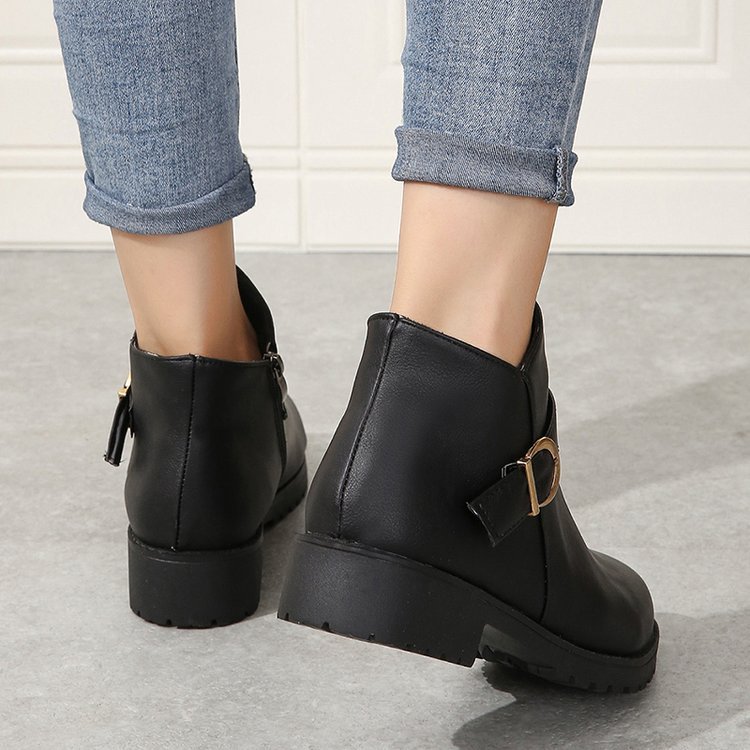 Belt Buckle Zipper Chunky Heel Short Leather Boots