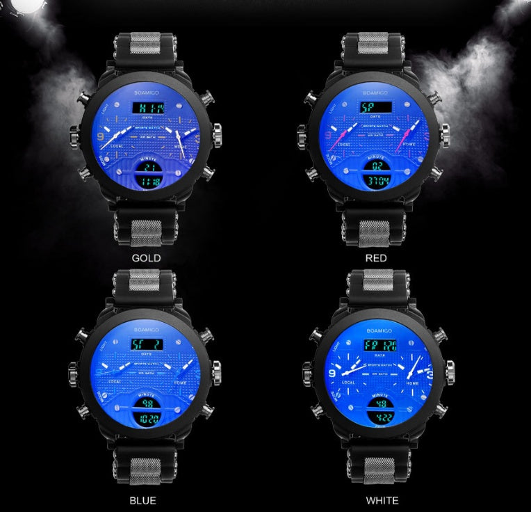 Men's watch electronic quartz double display watch 3 time zone waterproof watch