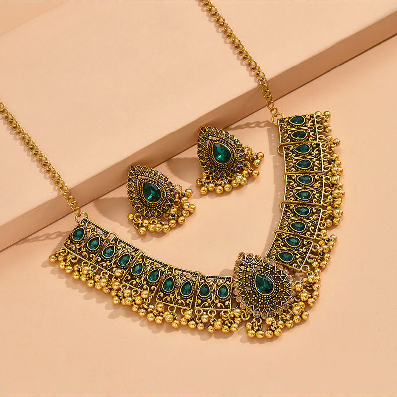 Indian Ethnic Style Vintage Gemstone Beads Jewelry Earrings Necklace 2 Pieces Suit