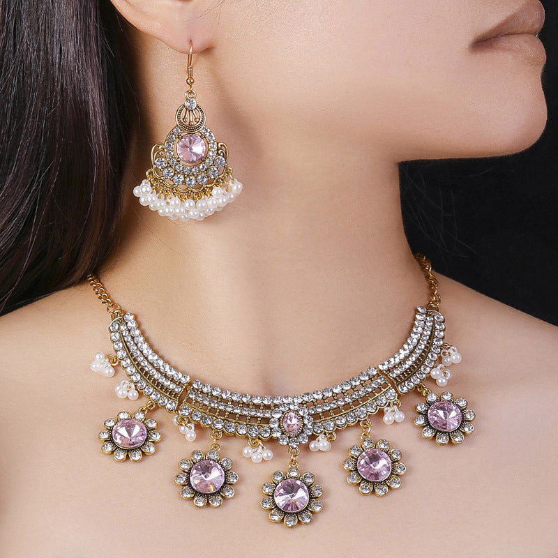 Indian Ethnic Style Vintage Gemstone Beads Jewelry Earrings Necklace 2 Pieces Suit