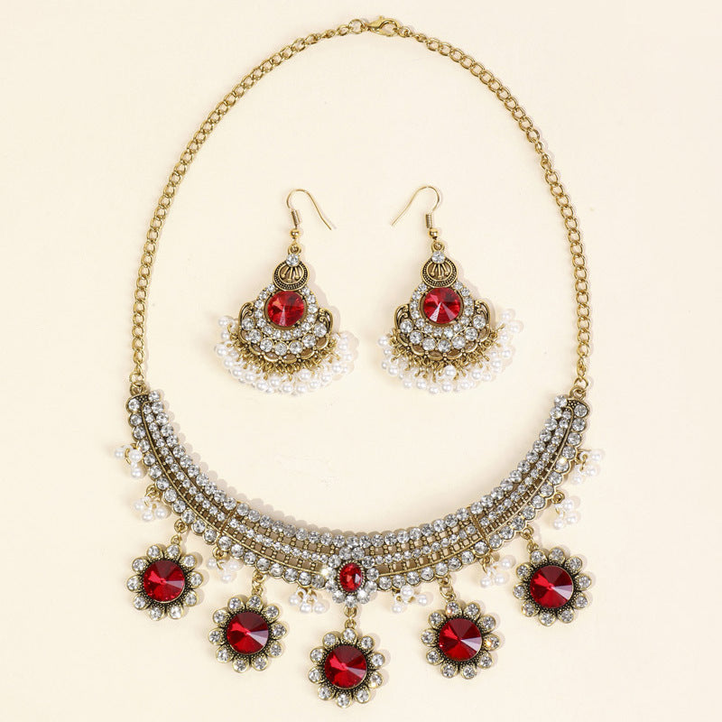 Indian Ethnic Style Vintage Gemstone Beads Jewelry Earrings Necklace 2 Pieces Suit